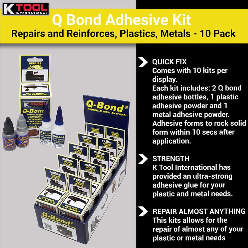 K-Tool International K Tool International 90003 Q Bond Ultra Strong Adhesive Kit for Garages, Repair Shops and, DIY, Hard Plastics/PVC/Metals, (2) Adhesive Bottles, (1) Plastic and (1) Metal Reinforcing Powders, 10 Pack - Image 4
